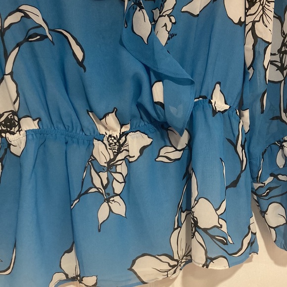 Calvin Klein Floral Print Chiffon Ruffle Trim V-Neck Long Sheer Sleeve Top, - Picture 4 of 11